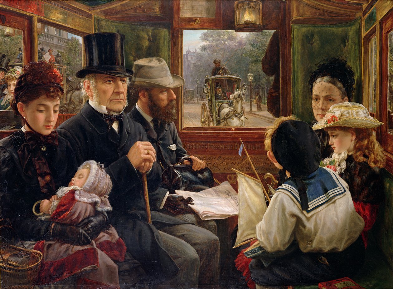 Omnibussimatka Piccadilly Circukseen, herra Gladstone matkustaa tavallisten matkustajien kanssa, 1885 tekijältä Alfred Morgan