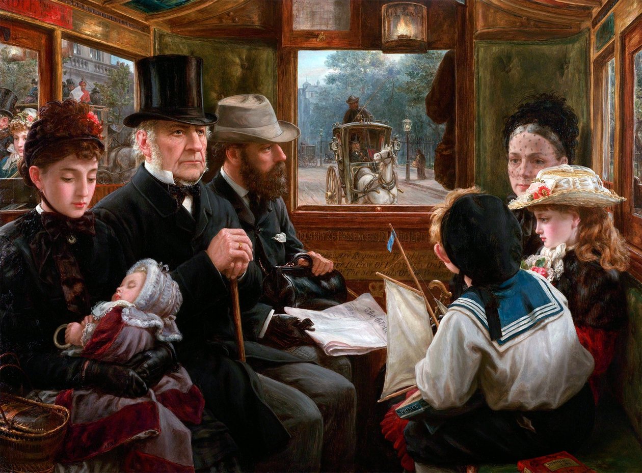 Omnibussimatka Piccadilly Circus Mr Gladstonelle tavallisten matkustajien kanssa, 1885. tekijältä Alfred Morgan