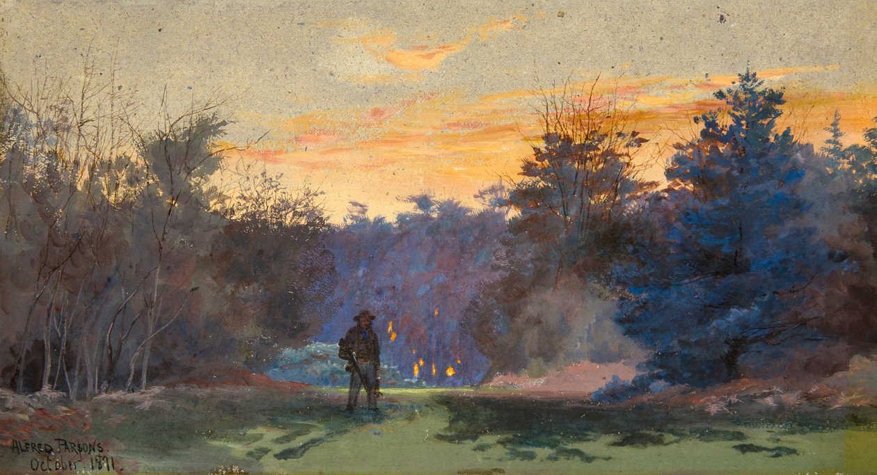 Metsästäjä auringonlaskun maisemassa tekijältä Alfred Parsons