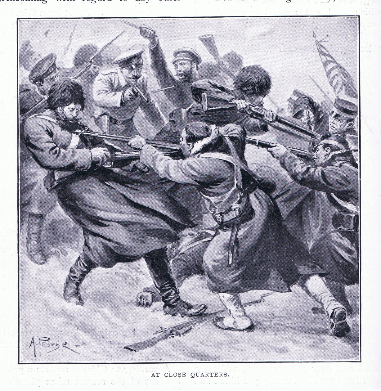 Lähietäisyydeltä, kuvitus teoksesta Cassells History of the Russo-Japanese War Vol. 1, noin 1900. tekijältä Alfred Pearse