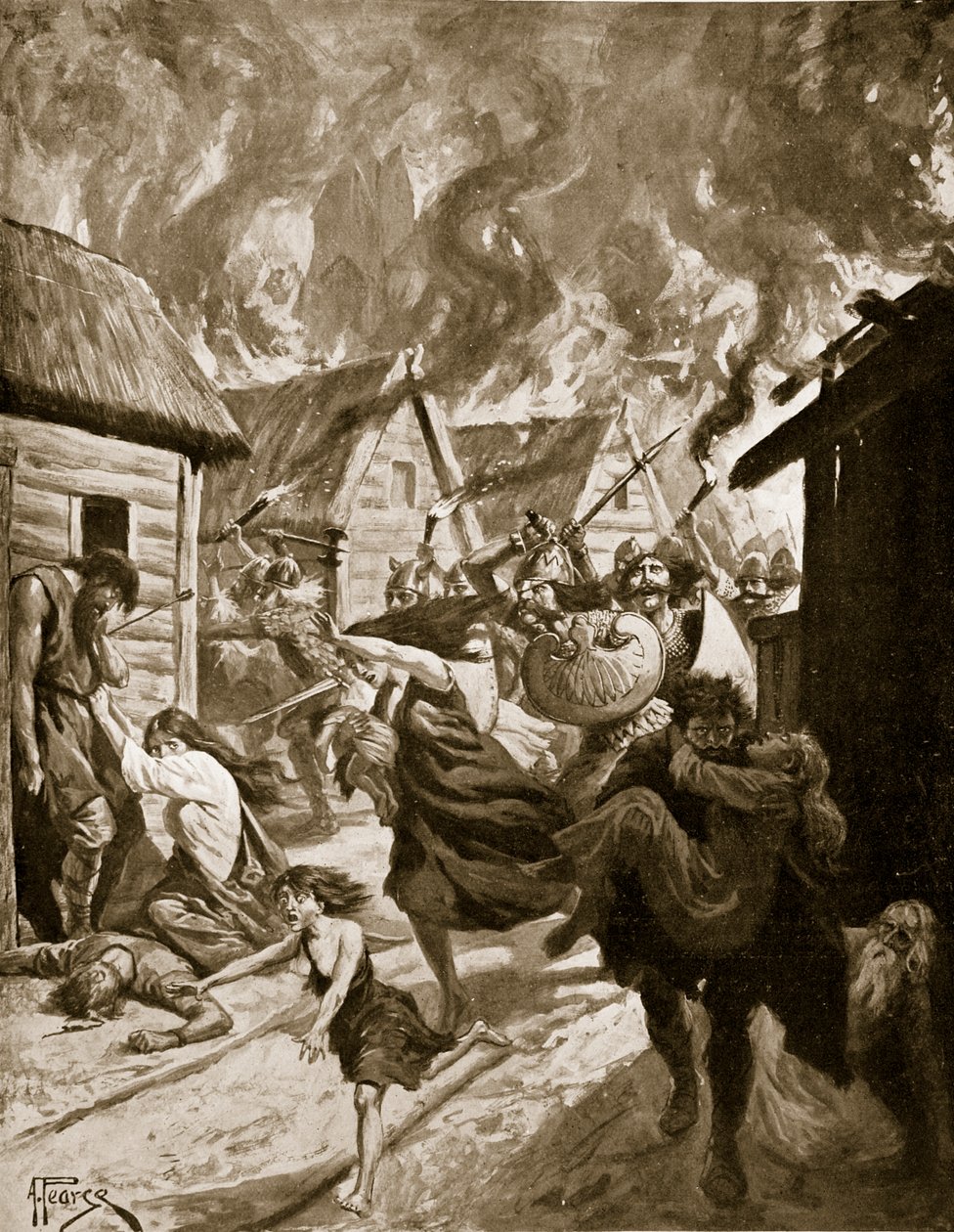 Canterbury Burned by the Danes, 851 jKr, kuvitus "Hutchinsonin tarinasta brittiläisestä kansasta", n. 1920 (litho) tekijältä Alfred Pearse