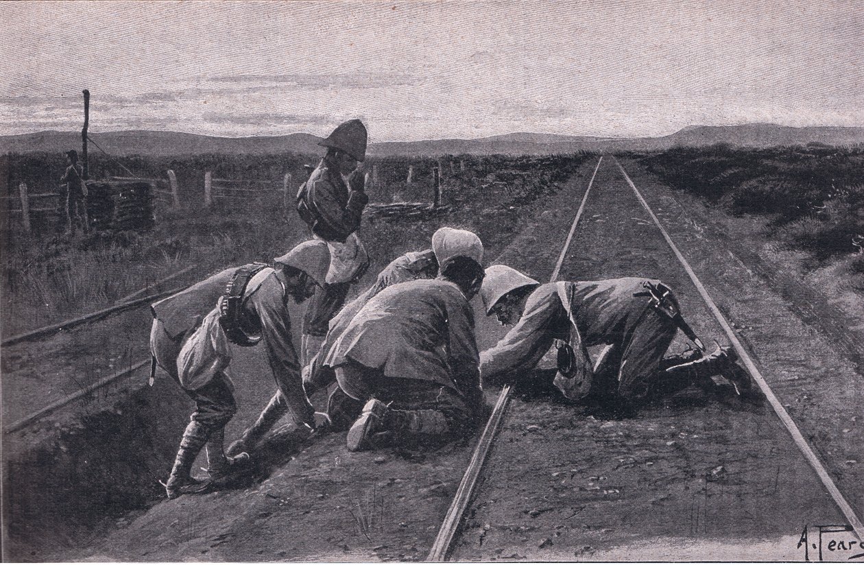 Joukkomme räjäyttävät sotilasrautatien Bloemfonteinista pohjoiseen (litho) tekijältä Alfred Pearse