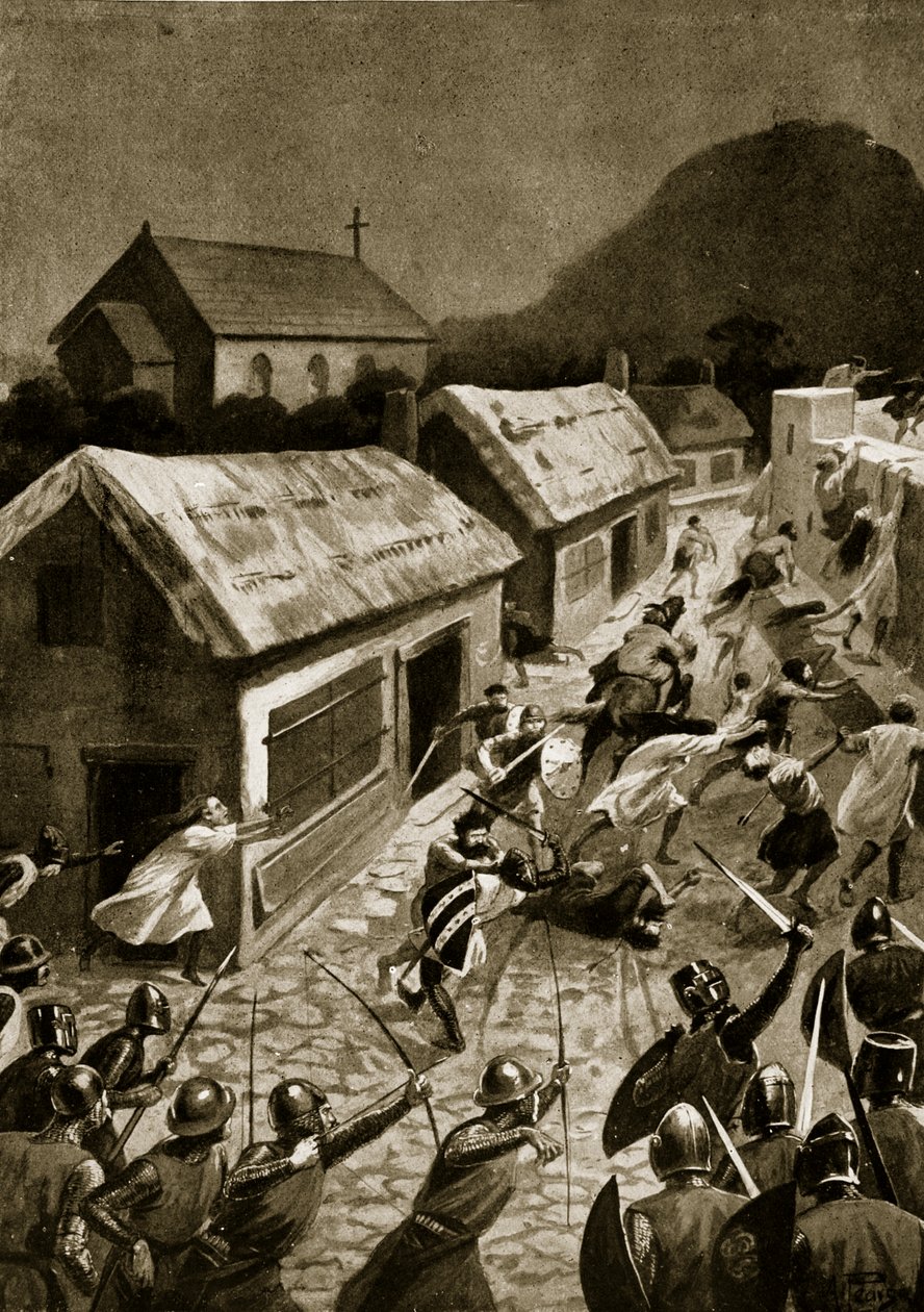Skottien hyökkäys Berwickiin, marraskuu 1354, kuvitus "Hutchinsonin tarinasta brittiläisestä kansasta", n. 1920 tekijältä Alfred Pearse