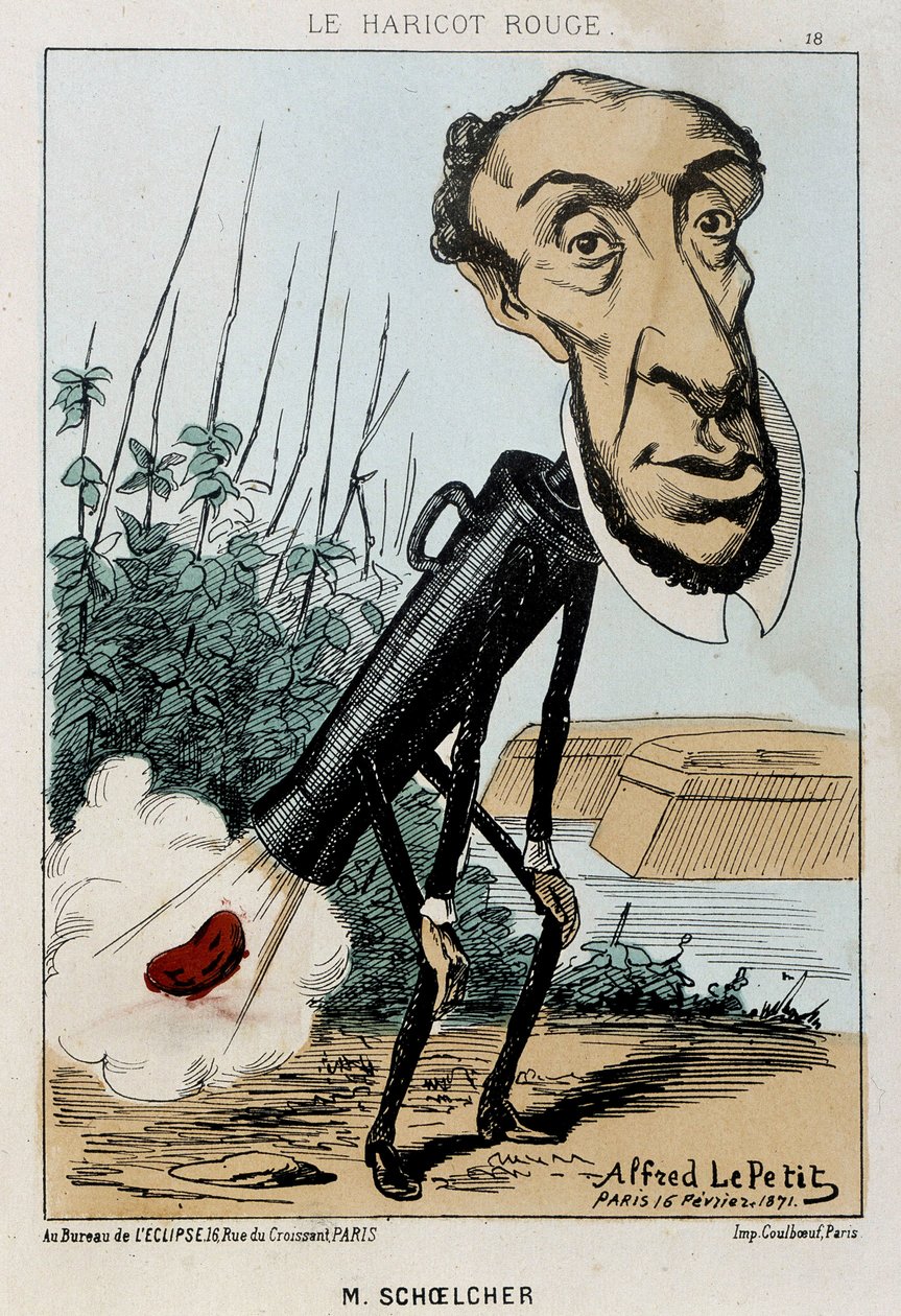Le Bean rouge: karikatyyri Victor Schoelcherista, joka on Peterin junassa papu (pieru) - ill. 16.2.1871 teoksessa "Fleurs, Fruits et Vegetables du Jour" tekijältä Alfred Petit