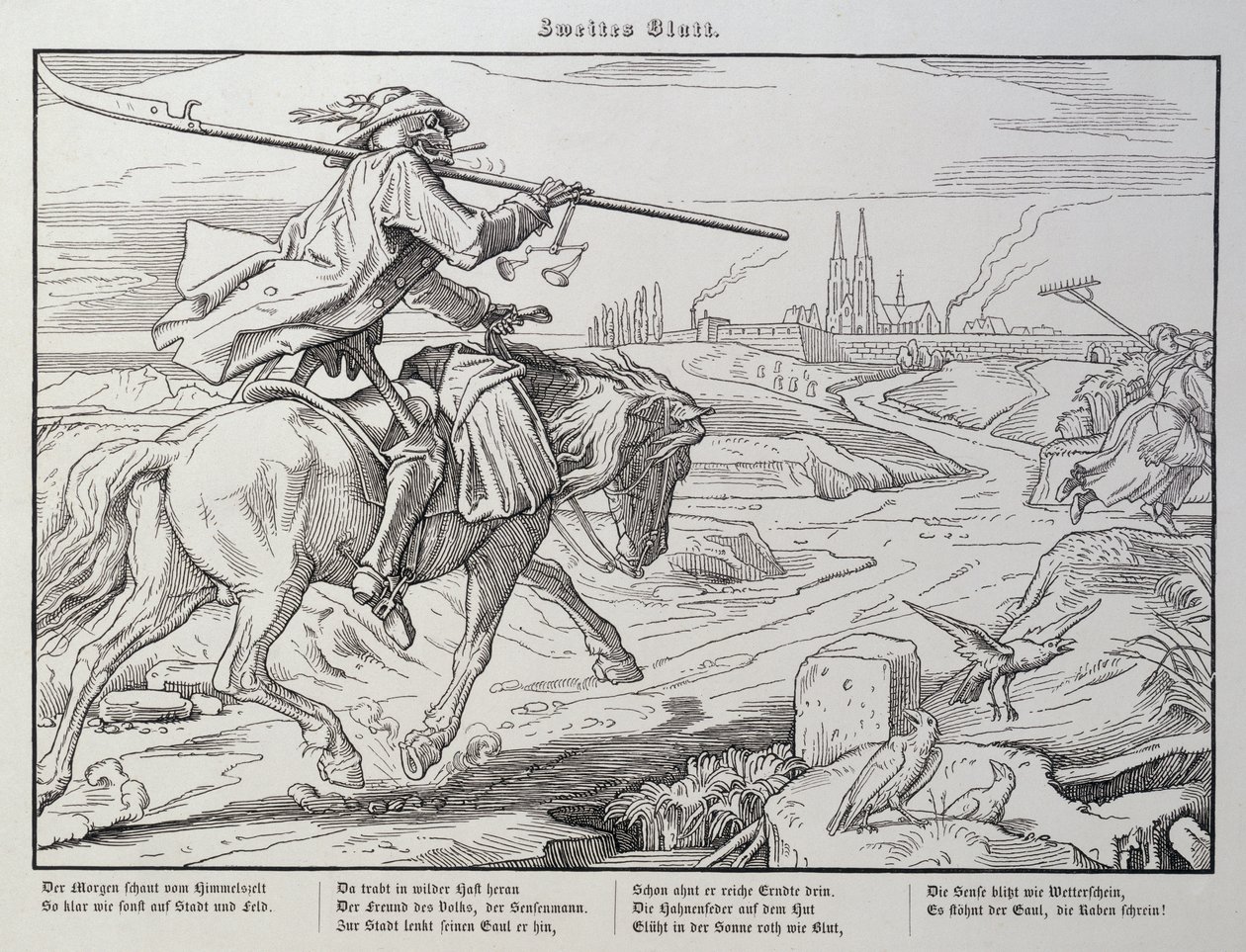 Death Rides to Town, levy 2 teoksesta Another Dance of Death, jonka on julkaissut Georg Wigand Leipzigissä, 1849 tekijältä Alfred Rethel