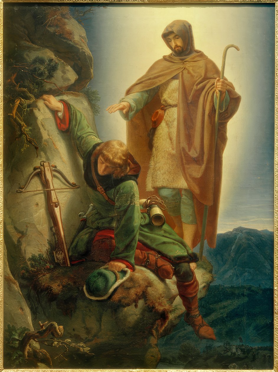 Suojelusenkeli pelastaa Maximilianin Martinswandissa / Rethelissä. tekijältä Alfred Rethel
