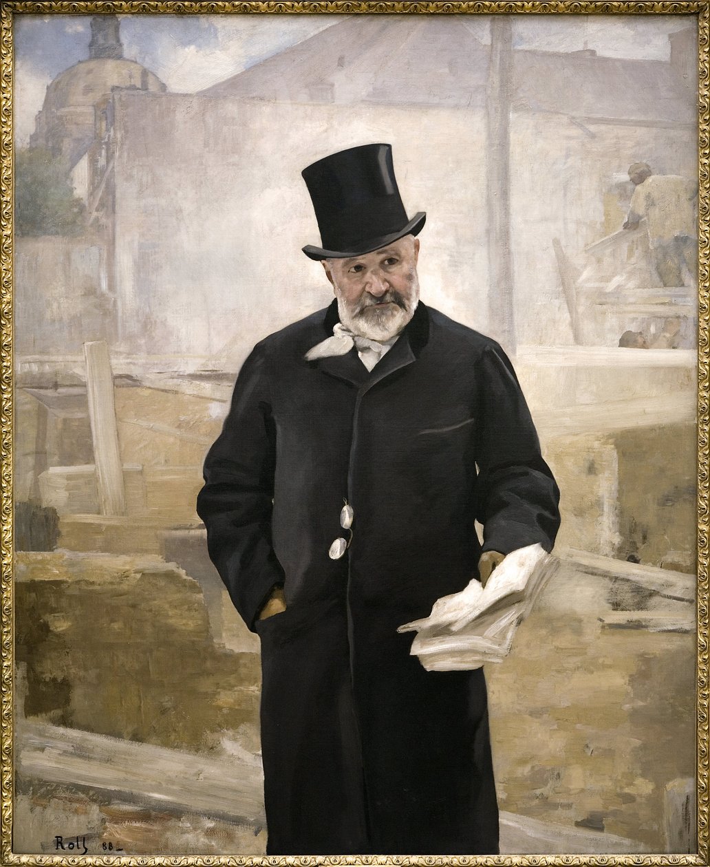 Muotokuva Jean Charles Adolphe Alphandista (1817-1891), Baron Haussmannin yhteistyökumppani, julkisten töiden valvoja, Pariisin viheralueiden suunnittelu, vuoden 1889 maailmannäyttelyn teosten johtaja, Alfred Rollin (1846-1919) öljymaalaus kankaalle ). Pho tekijältä Alfred Roll