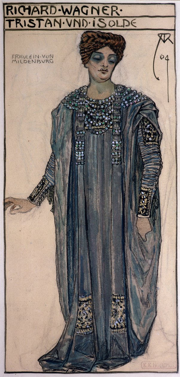 Kopio Isolden pukusuunnittelusta Richard Wagnerin (1813-83) tuotantoon "Tristan ja Isolde" Wienin Hofoperissa helmikuussa 1903, 1904 tekijältä Alfred Roller