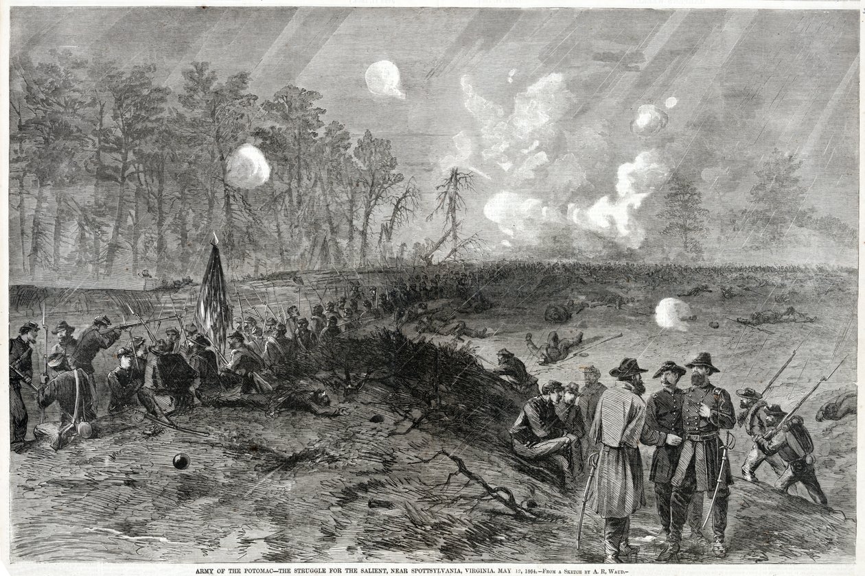 Potomacin armeija - Taistelu tärkeimmistä, lähellä Spottsylvaniaa, Virginia. 12. toukokuuta 1864, Harpers Weekly, pub. 1864 tekijältä Alfred Rudolph Waud