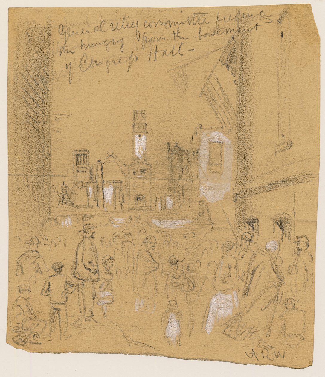 Yleinen avustustoimikunta ruokkimassa nälkäisiä kongressitalon kellarista Chicagon palon aikana 1871 (kynä ja liitu paperille) tekijältä Alfred Rudolph Waud