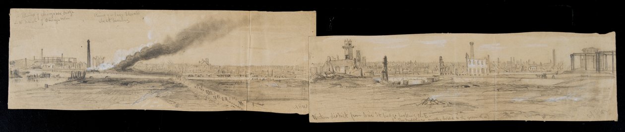 Pohjoinen alue Erie Street Bridgestä itään katsoen Chicagon palon aikana 1871 (kynä ja liitu paperille) tekijältä Alfred Rudolph Waud