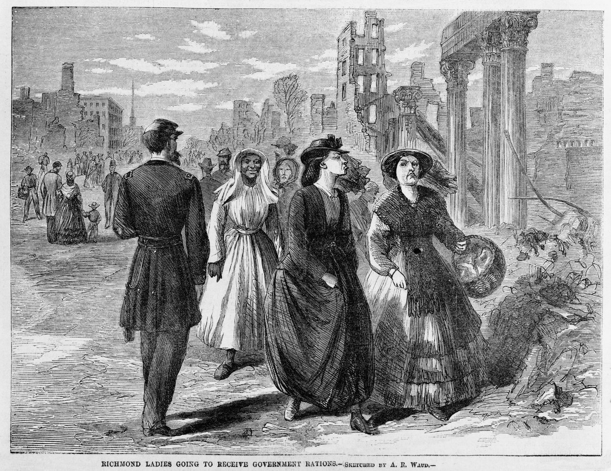 Richmond Ladies vastaanottaa hallituksen annoksia, julkaistu 1865 tekijältä Alfred Rudolph Waud
