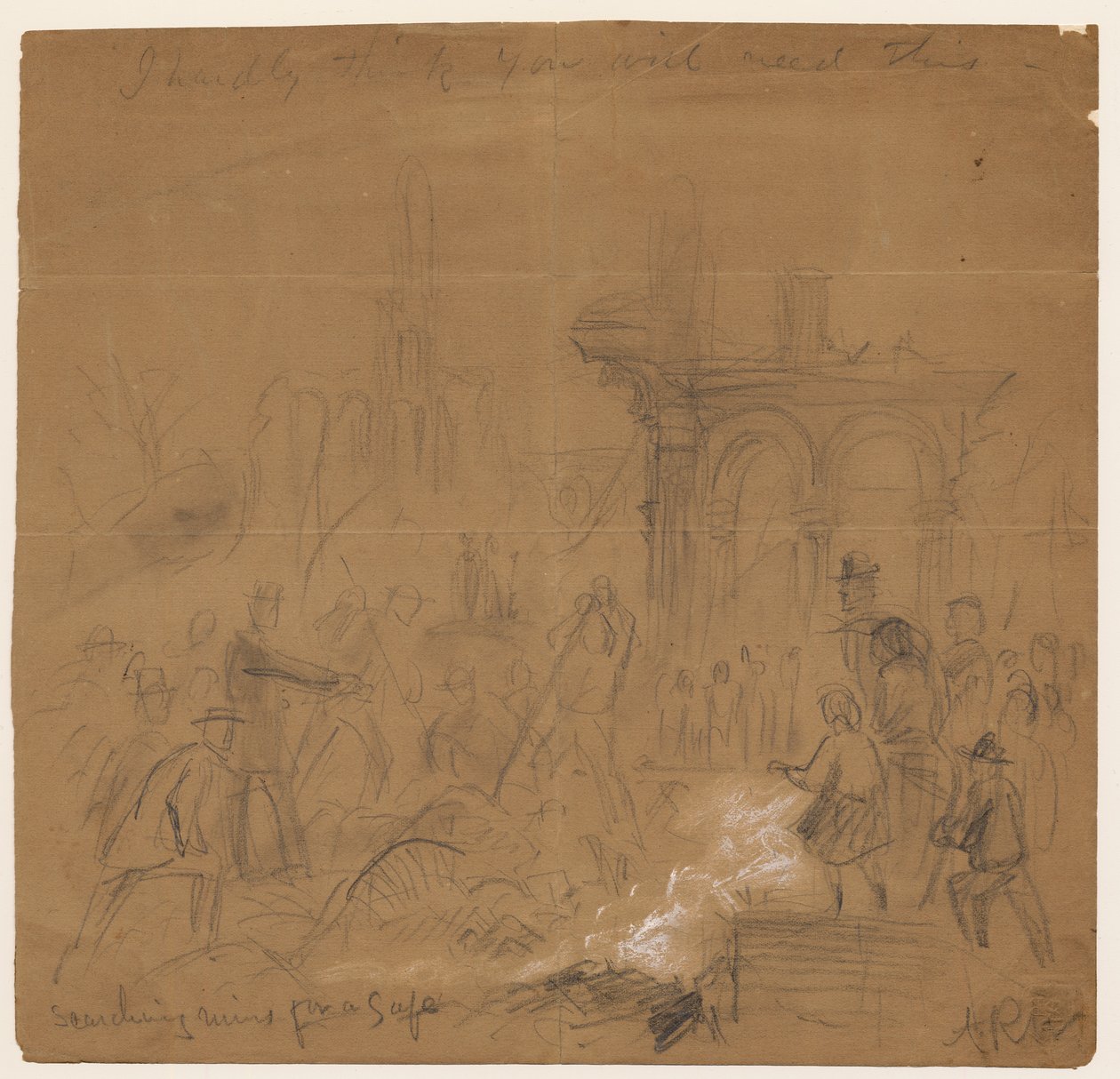 Kassakaapin raunioista etsiminen Chicagon vuoden 1871 palon jälkeen (kynä ja liitu paperille) tekijältä Alfred Rudolph Waud