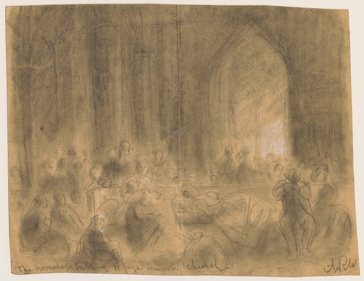 Kodittomat turvautuivat kirkkoon Chicagon palon aikana 1871 tekijältä Alfred Rudolph Waud