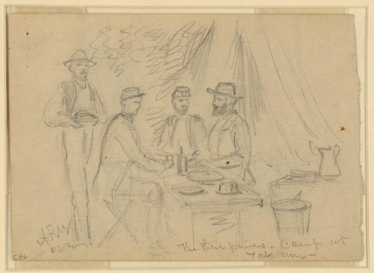 Kolme prinssiä, leiri Yorktownissa 5.4.-4.5.1862 (kynä paperilla) tekijältä Alfred Rudolph Waud
