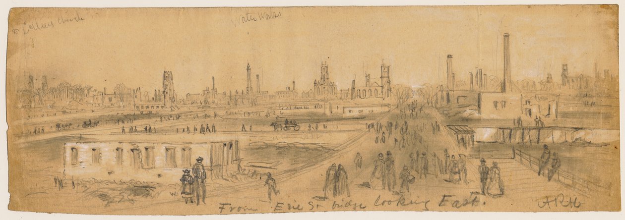 Näkymä Erie Street Bridge -sillalta itään Chicagon vuoden 1871 palon aikana tekijältä Alfred Rudolph Waud