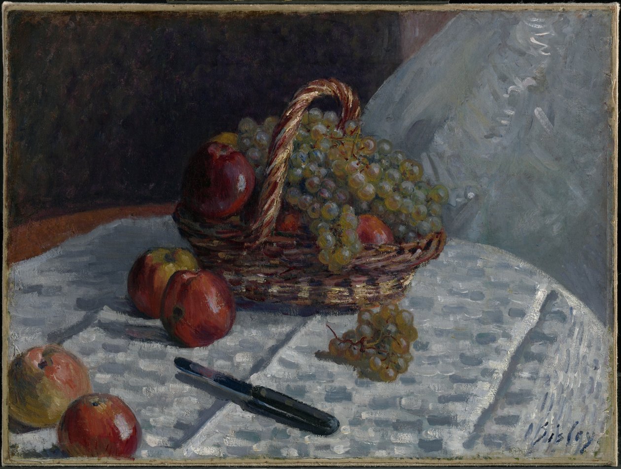 Omenoita ja viinirypäleitä korissa tekijältä Alfred Sisley
