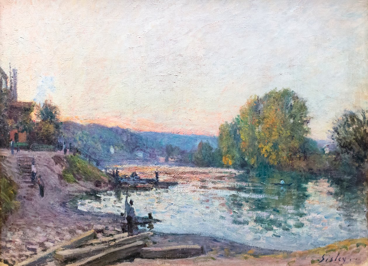 Seinen ranta, auringonvaloefekti hämärässä, päivämäärä tuntematon (öljy kankaalle) tekijältä Alfred Sisley