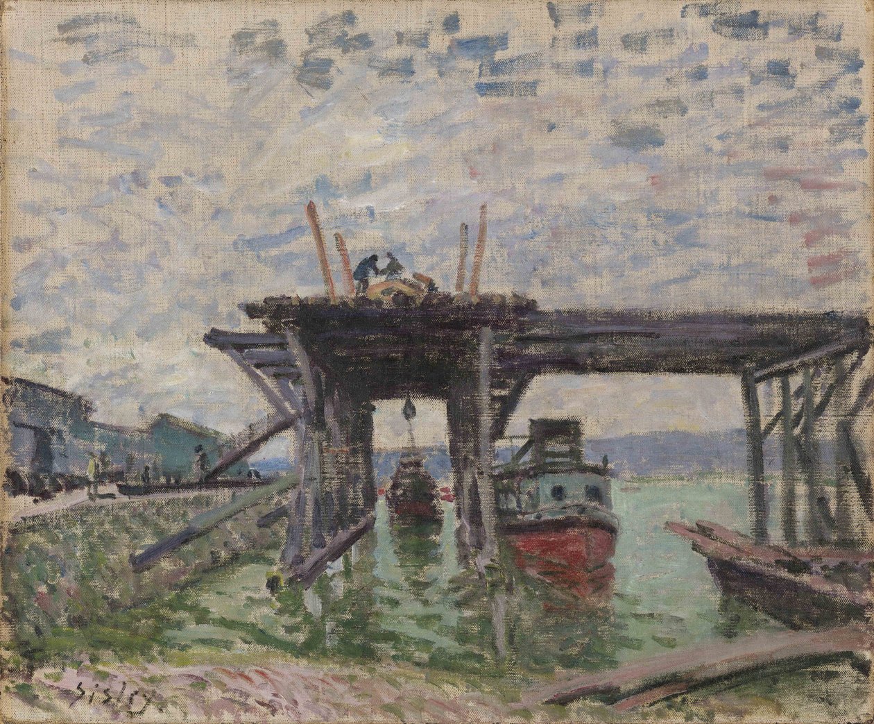 Saksa: Rakenteilla oleva silta The River Boat Garage tekijältä Alfred Sisley