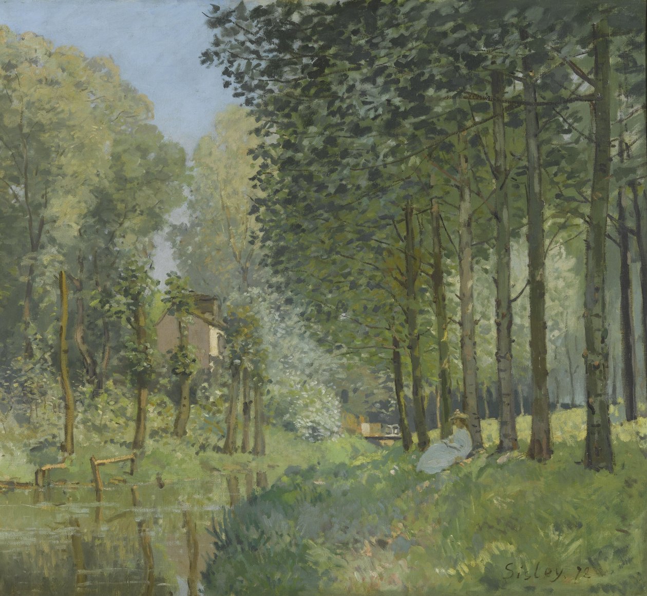 Lepääminen puron varrella. Puun reuna tekijältä Alfred Sisley