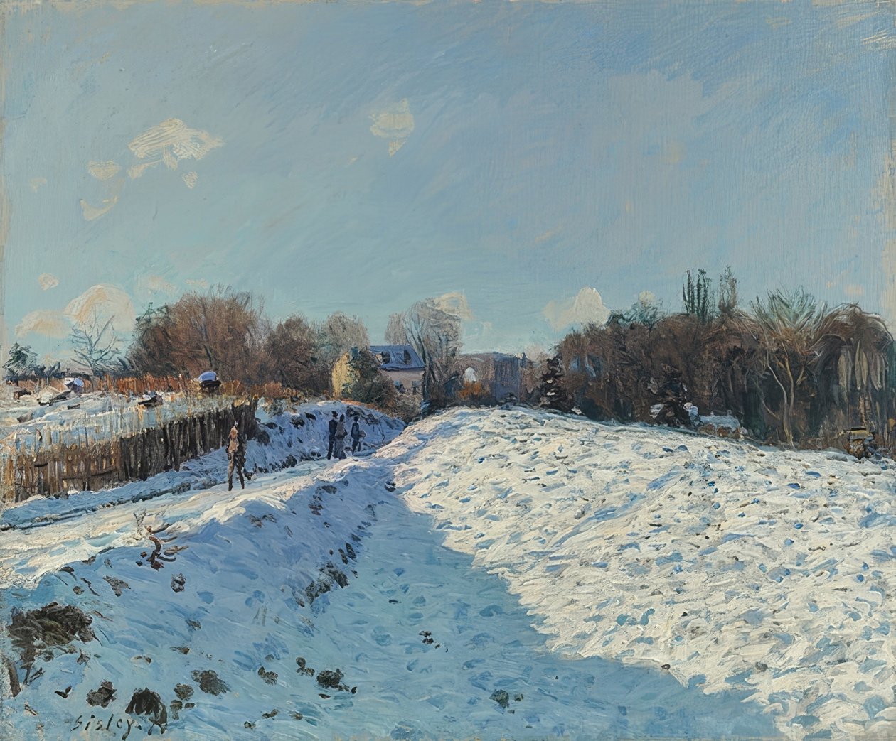 Louveciennes im Schnee (Lumivaikutus Louveciennesissä). 1874 tekijältä Alfred Sisley