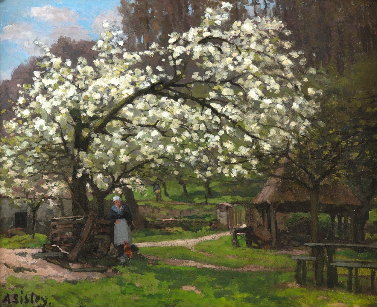Kevät, talonpoikanainen kukkivien puiden alla Kevät, talonpoikanainen..., n. 1865. tekijältä Alfred Sisley