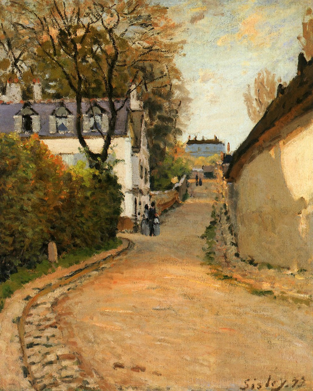 Rue de la Princesse, Louveciennes, pohjoiseen katsova, n. 1873 (öljy kankaalle) tekijältä Alfred Sisley