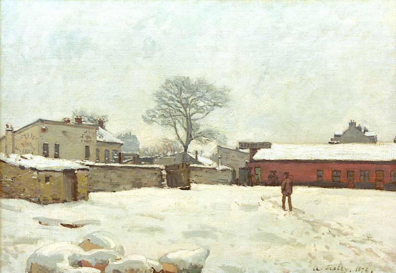 Sous la neige, cour de ferme à Marlyle-Roi tekijältä Alfred Sisley