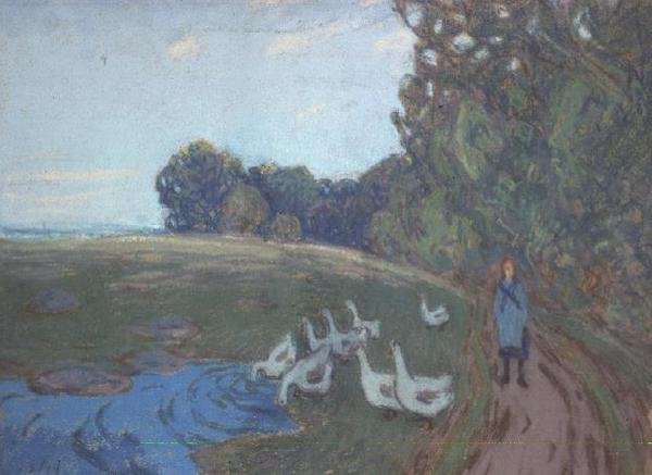 Hanhityttö, n. 1895 (pastelli) tekijältä Alfred Sisley