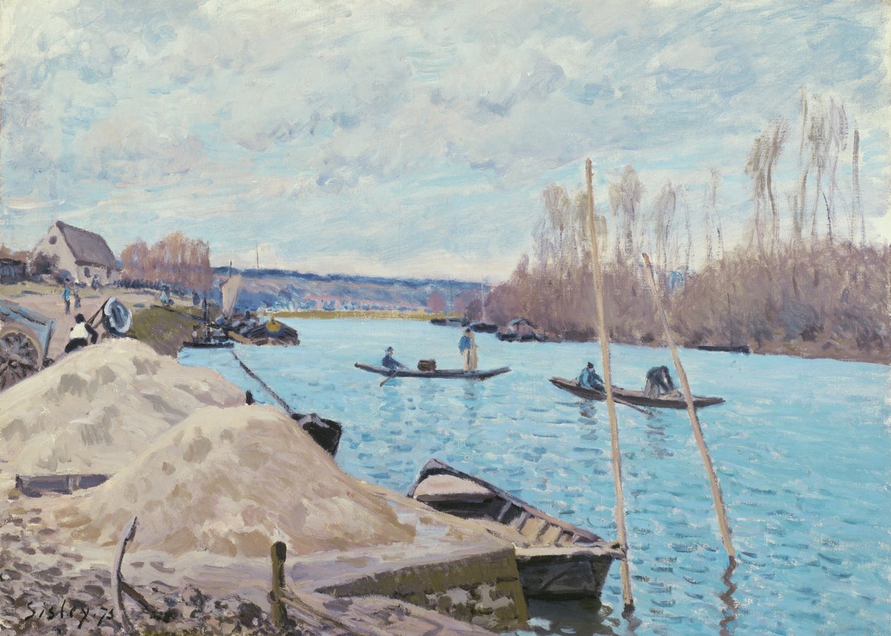 Seinä Port-Marlyssä, hiekkakasat tekijältä Alfred Sisley