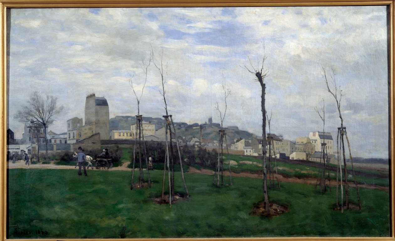 Näkymä Montmartresta otettu kukkakaupungista Batignollesissa Alfred Sisleyn (1839-1899) maalaus 1869 su. 0,7x1,17 m Grenoble, Musee des Beaux Arts tekijältä Alfred Sisley