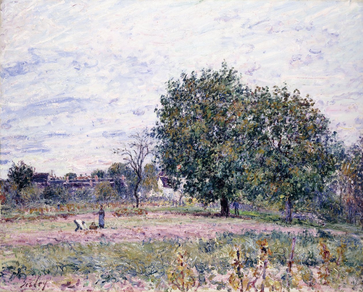 Pähkinäpuut, Laskevan auringon vaikutus - Lokakuun ensimmäinen päivä, 1882 tekijältä Alfred Sisley