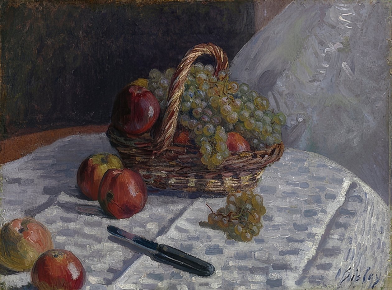 Omenat ja viinirypäleet korissa. Noin 1880-81 tekijältä Alfred Sisley
