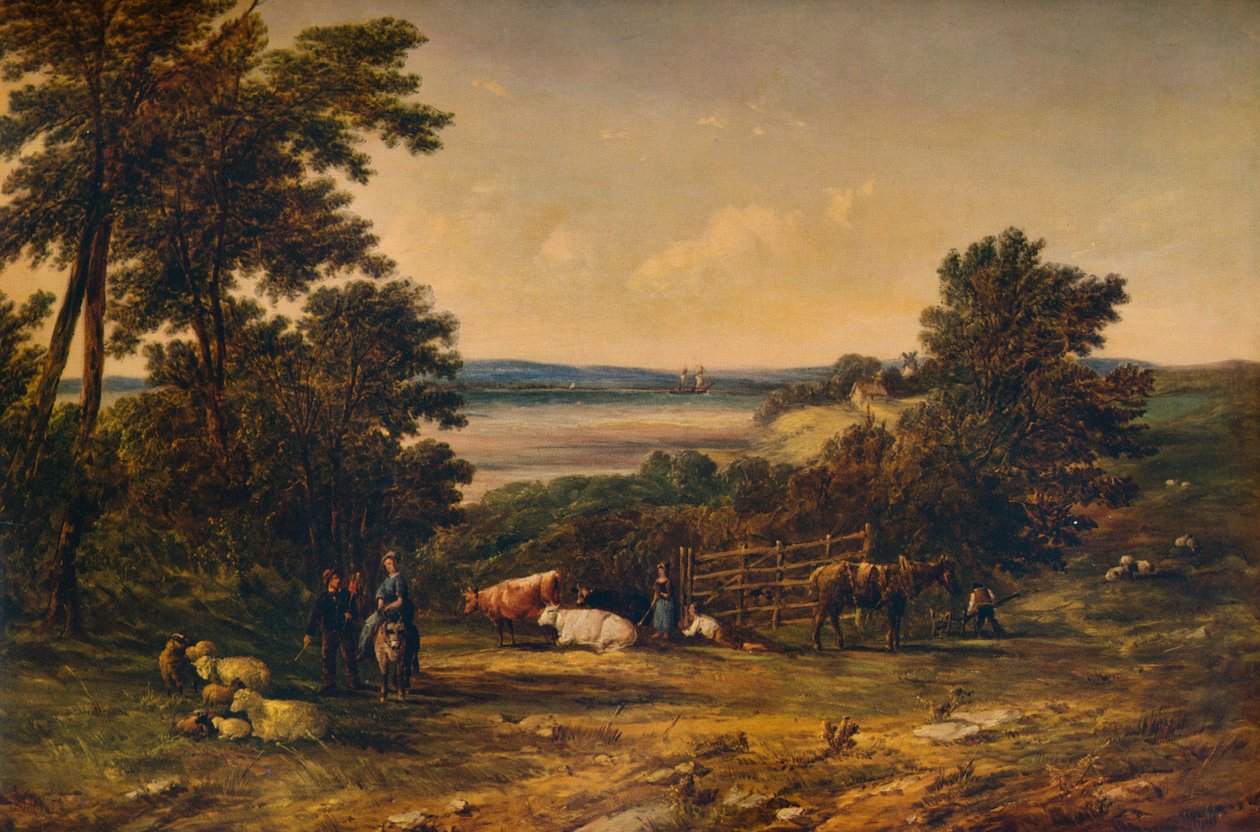 "Satama metsäisten kukkuloiden ja niittyjen ympäröimänä karjan kanssa", 1859, 1938 tekijältä Alfred Vickers