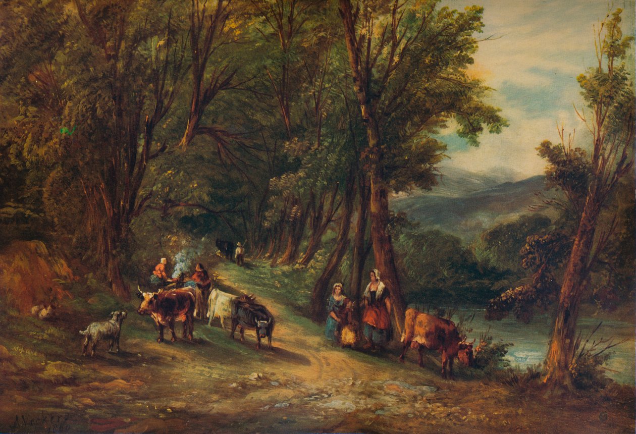 "Nautakarja ja hahmot metsäisessä laaksossa puron kanssa", 1860, 1938 tekijältä Alfred Vickers