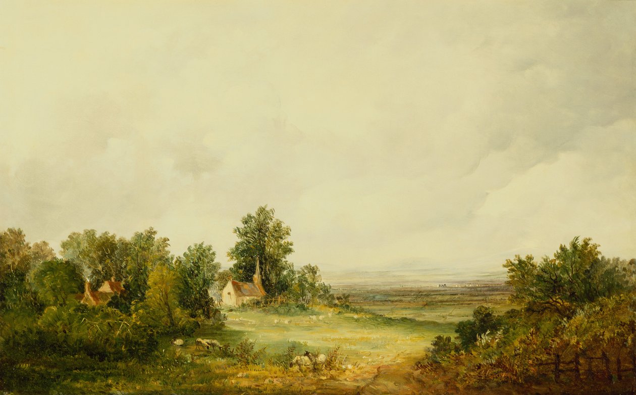 Lampaat kirkon vieressä metsäisessä maisemassa tekijältä Alfred Vickers