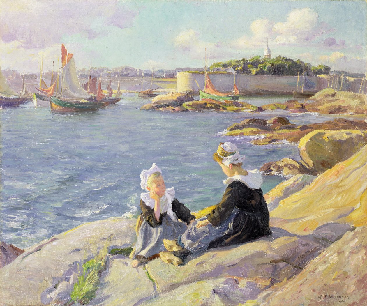 Bretonitytöt sataman rannalla, Concarneau tekijältä Alfred Victor Fournier