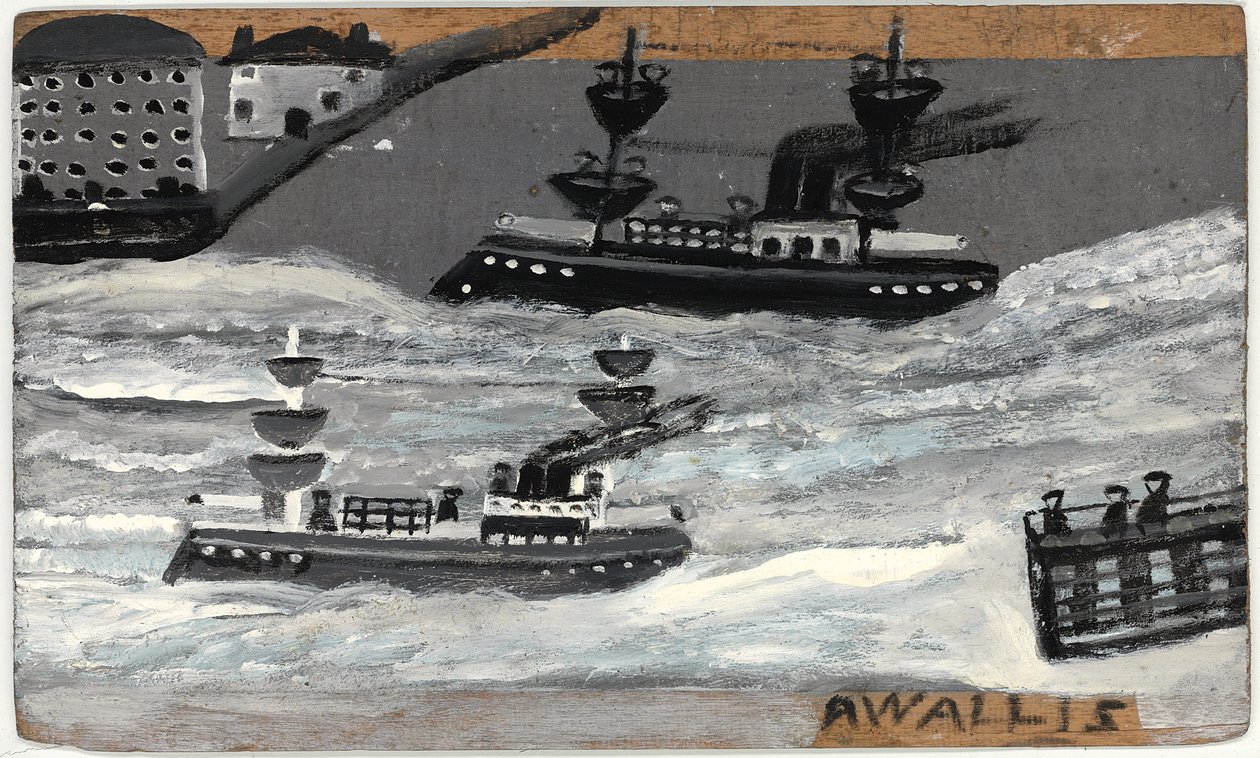 Tykkiveneet sodan aikana (öljy paneelissa) (katso myös 1074079) tekijältä Alfred Wallis