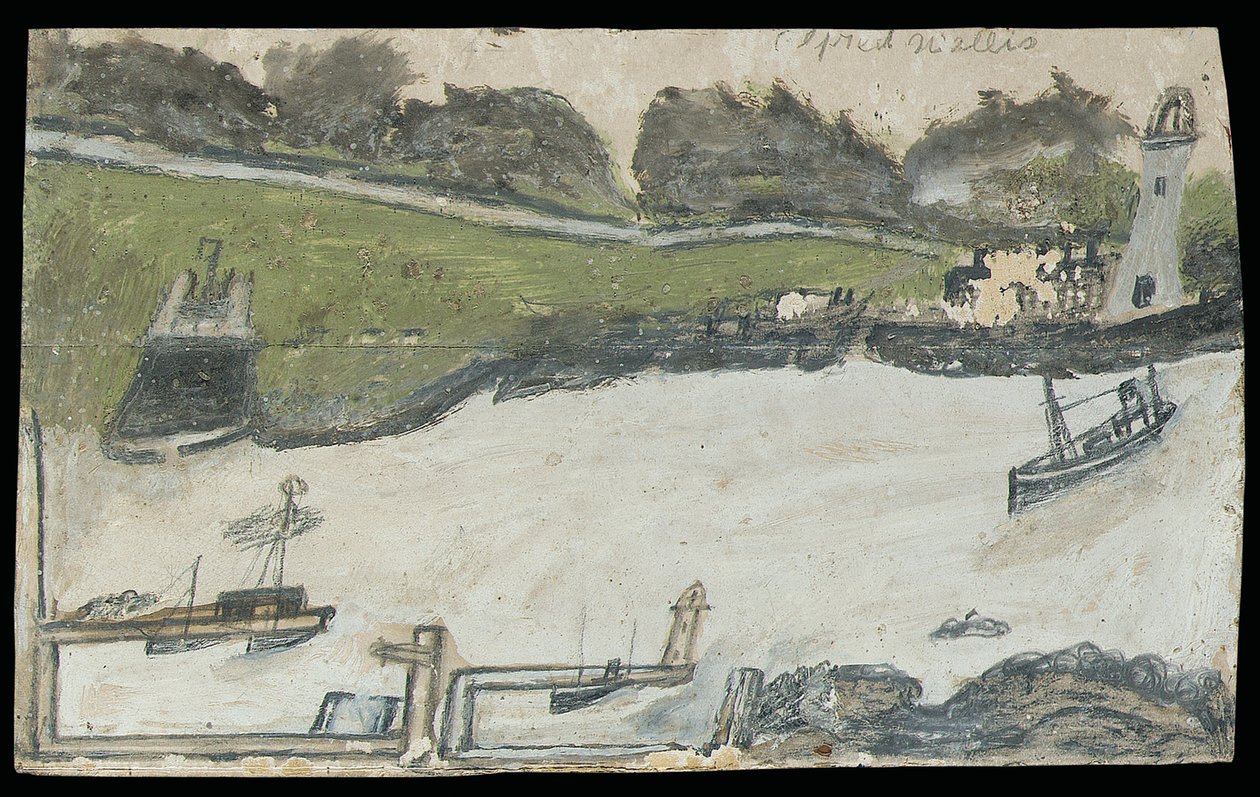 Satamanäkymä, jossa on linna ja majakka (lyijykynä ja öljy kortille) tekijältä Alfred Wallis