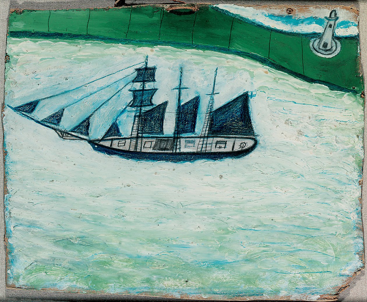 Laiva ja majakka, n. 1925 (öljy aluksella) tekijältä Alfred Wallis