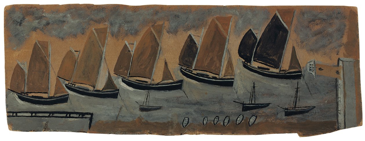 St. Ives Harbour, jossa on viisi purjevenettä (öljyä ja kynää mukana) tekijältä Alfred Wallis
