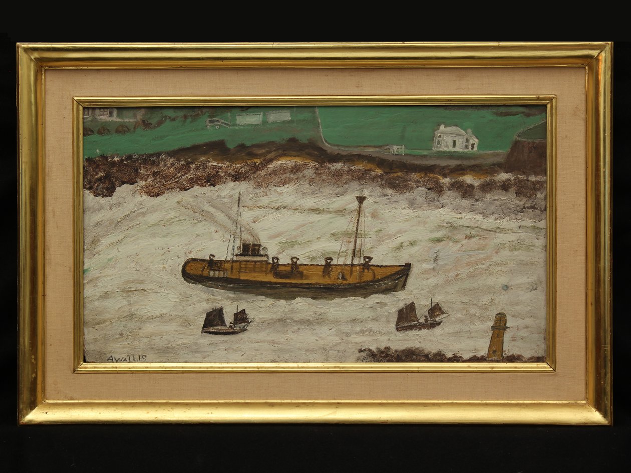 Kolme venettä majakan ja rannan välillä, n. 1930 (öljy kortille) tekijältä Alfred Wallis