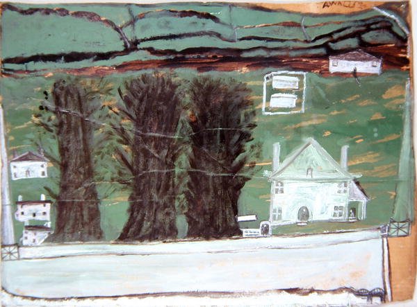 Kolme puuta, Valkoinen talo maisemassa (öljy pahville) tekijältä Alfred Wallis