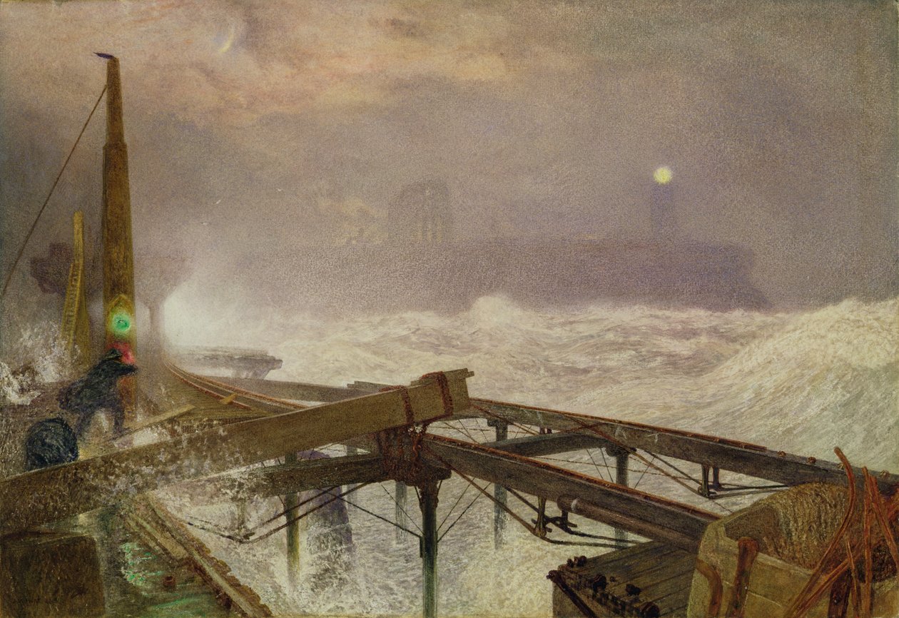 Siniset valot, Teignmouth Pier - Lamppujen sytytys auringonlaskun aikaan, 1868 (wc, rungon väri ja raapiminen paperille) tekijältä Alfred William Hunt