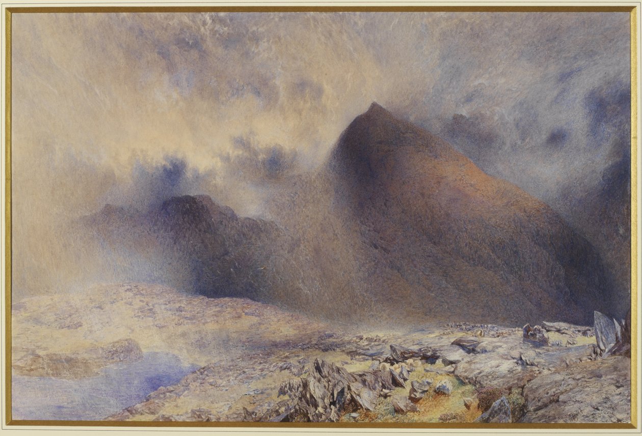Mount Snowdon Clearing Pilvien läpi, 1857 (wc ja kynä paperilla) tekijältä Alfred William Hunt