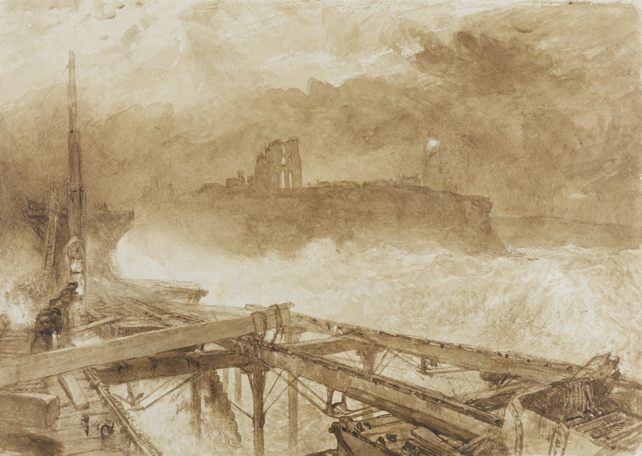 Tutkimus "Blue Lights" Tynemouth Pier -laiturista - Lamppujen sytytys auringonlaskun aikaan (ruskea pesu ja paperin raapiminen) tekijältä Alfred William Hunt