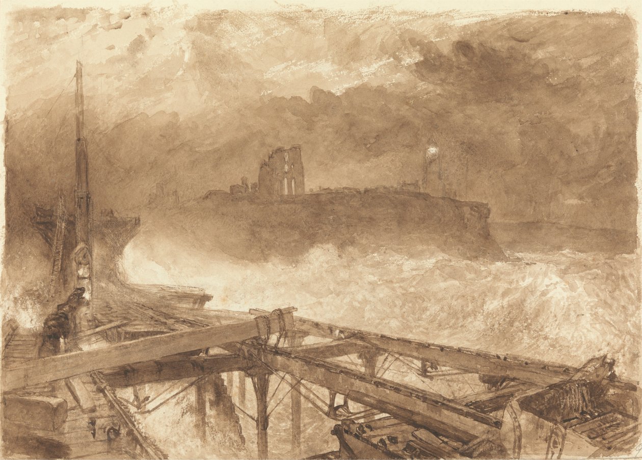 Tutkimus Tynemouth Pier -laiturille - Lamppujen sytytys auringonlaskun aikaan tekijältä Alfred William Hunt