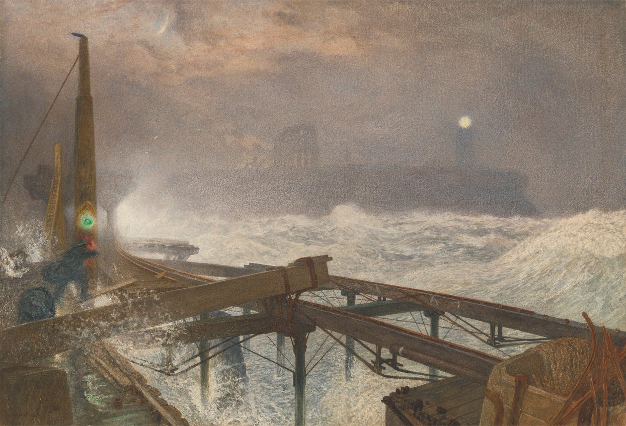 Tynemouth Pier - Lamppujen sytytys auringonlaskun aikaan tekijältä Alfred William Hunt