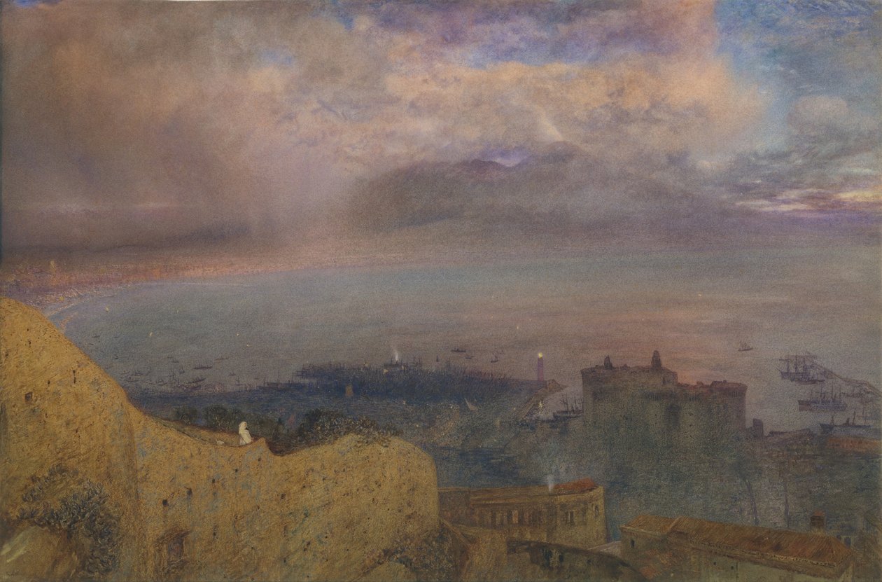 Näkymä Napolinlahdelle Vesuviuksen kanssa, Tupakointi, Kaukoillassa, 1871. tekijältä Alfred William Hunt