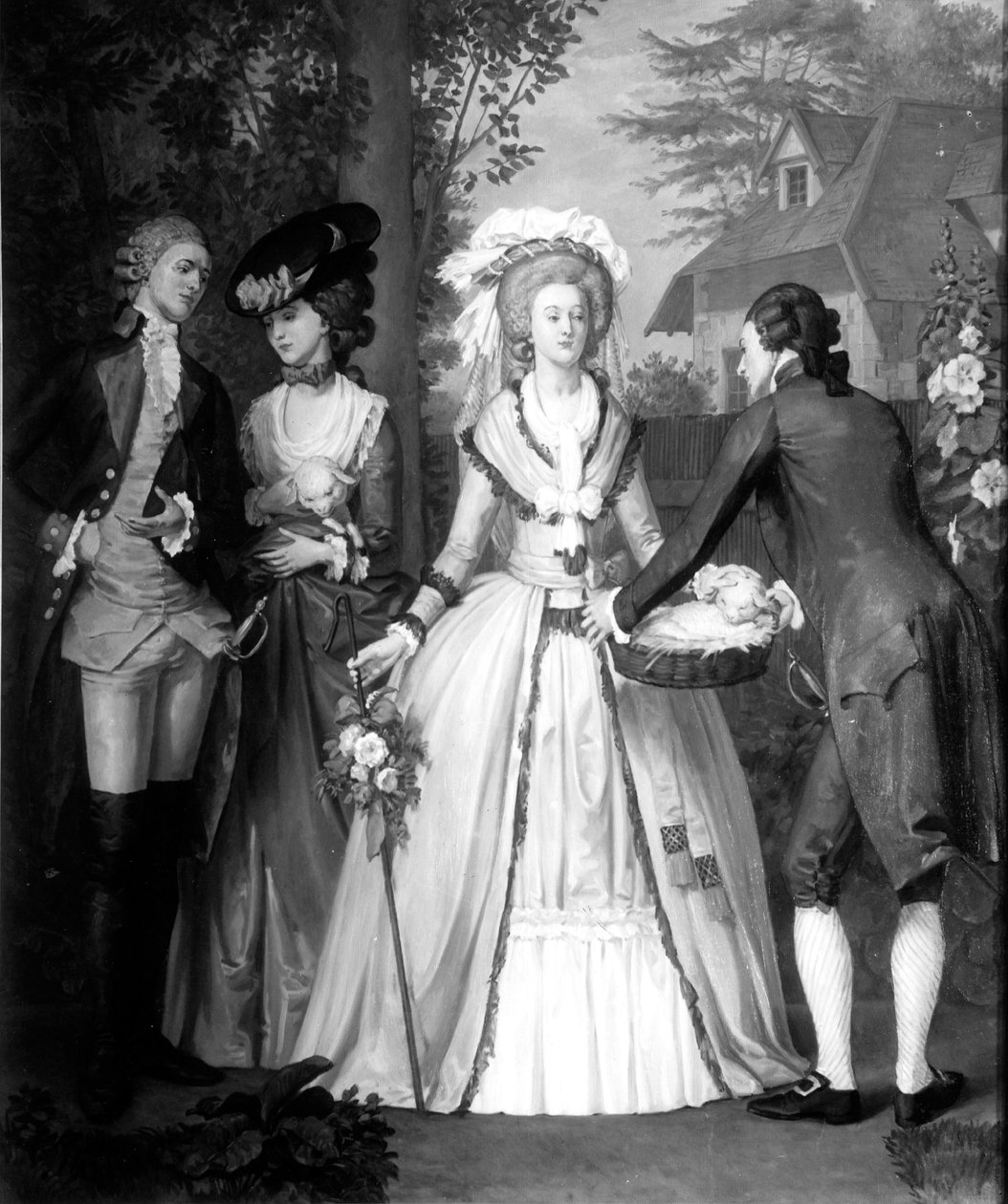 Marie-Antoinette (1755-93) Habsbourg-Lorrainen, Ranskan ja Navarran kuningatar, paimentyttärenä Trianonissa (bw print) tekijältä Alfred Wilson Cox